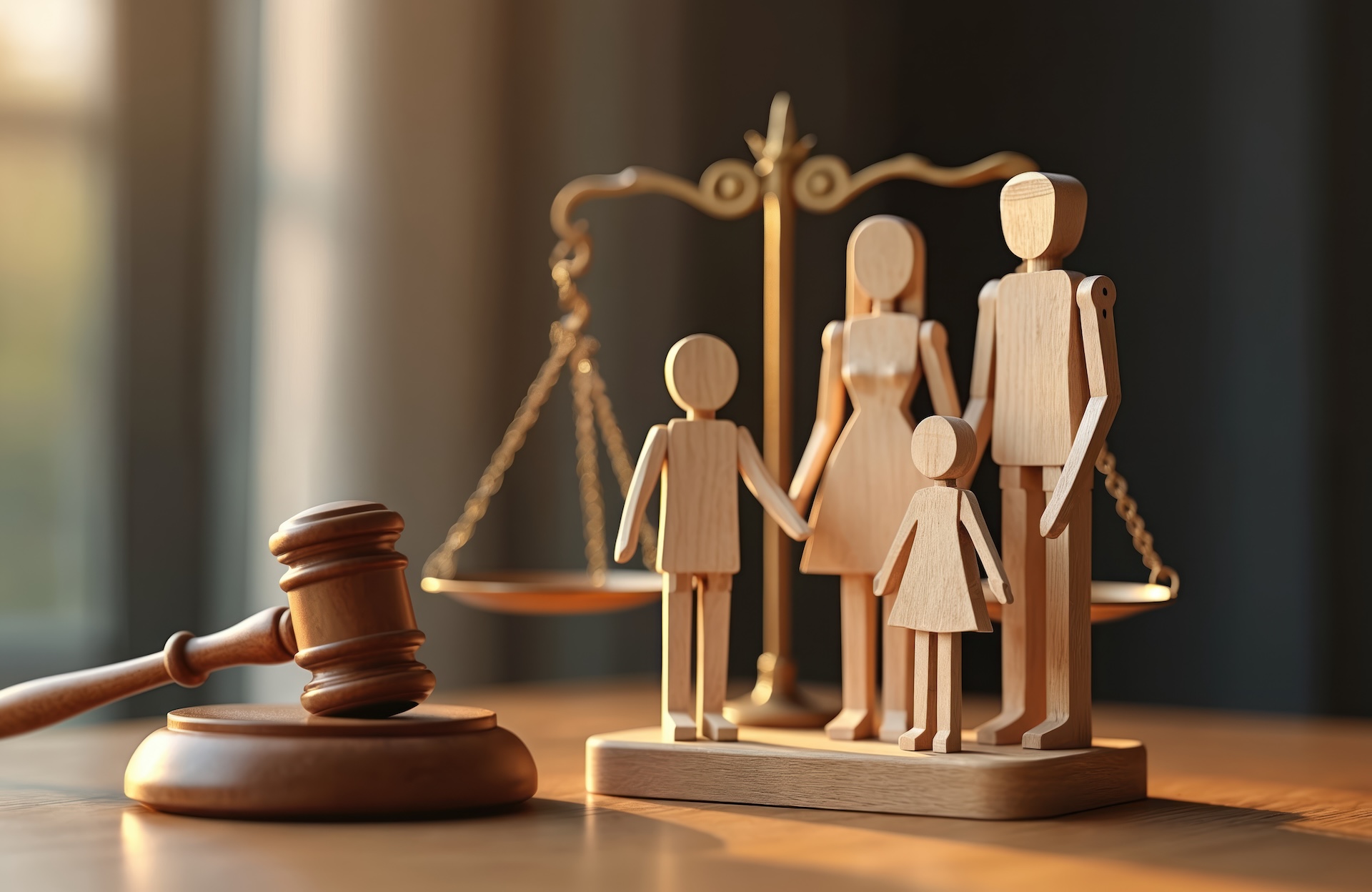 Family law concept photo. Wooden family figurines with scales of justice and gavel on wooden table. Divorce, child custody, legal issues, marriage and parental rights concept.